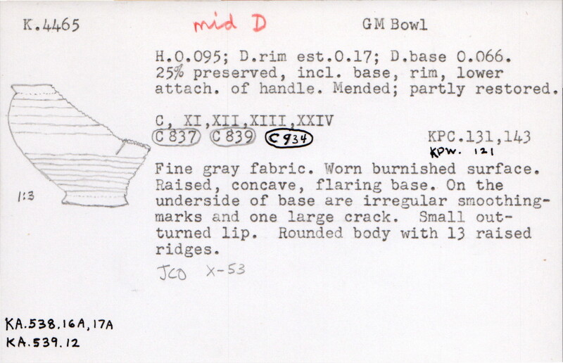 Index card with typed and handwritten information, sometimes including a sketch, of pottery from an excavation.