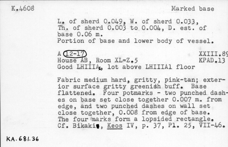 Index card with typed and handwritten information, sometimes including a sketch, of pottery from an excavation.