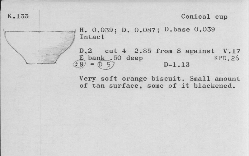 Index card with typed and handwritten information, sometimes including a sketch, of pottery from an excavation.