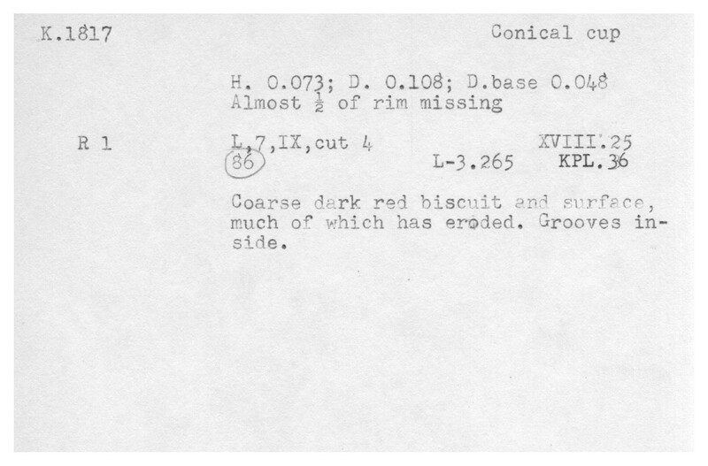 Index card with typed and handwritten information, sometimes including a sketch, of pottery from an excavation.
