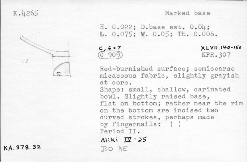 Index card with typed and handwritten information, sometimes including a sketch, of pottery from an excavation.