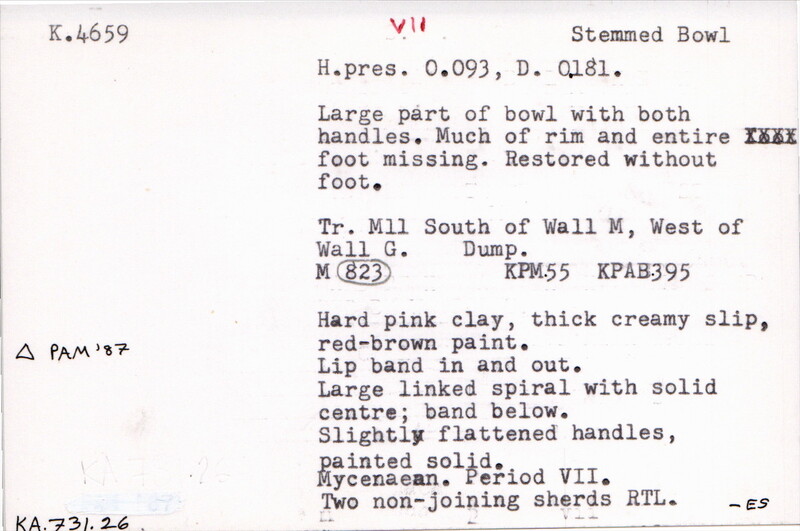 Index card with typed and handwritten information, sometimes including a sketch, of pottery from an excavation.