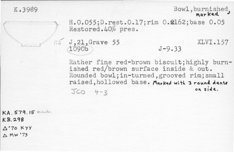 Index card with typed and handwritten information, sometimes including a sketch, of pottery from an excavation.