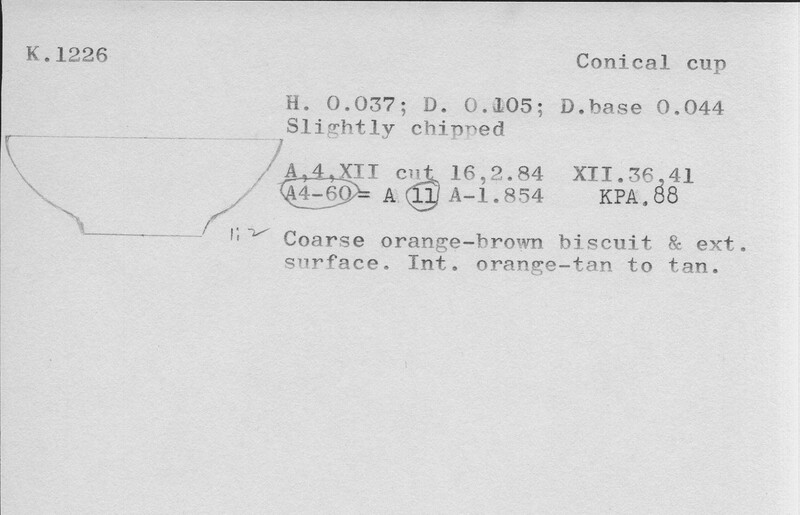 Index card with typed and handwritten information, sometimes including a sketch, of pottery from an excavation.