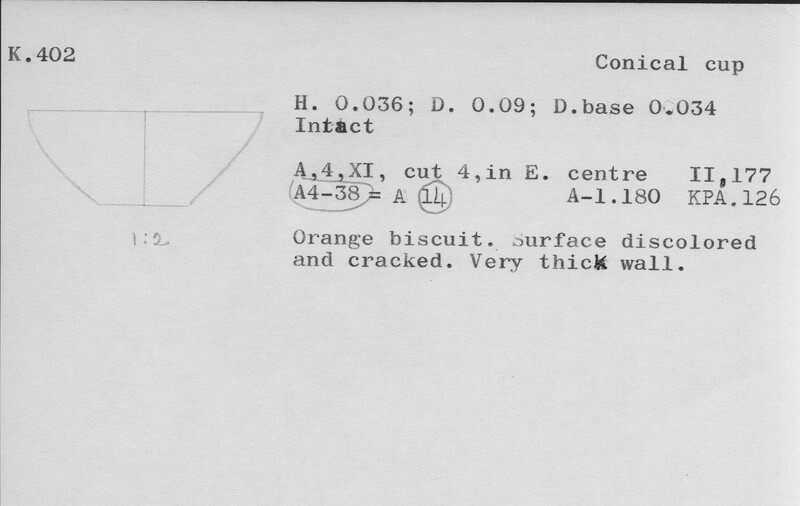 Index card with typed and handwritten information, sometimes including a sketch, of pottery from an excavation.