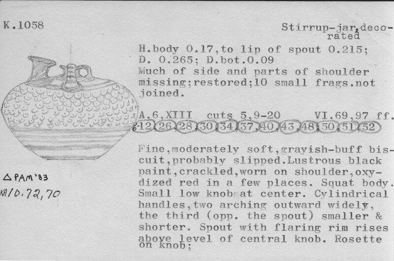 Index card with typed and handwritten information, sometimes including a sketch, of pottery from an excavation.