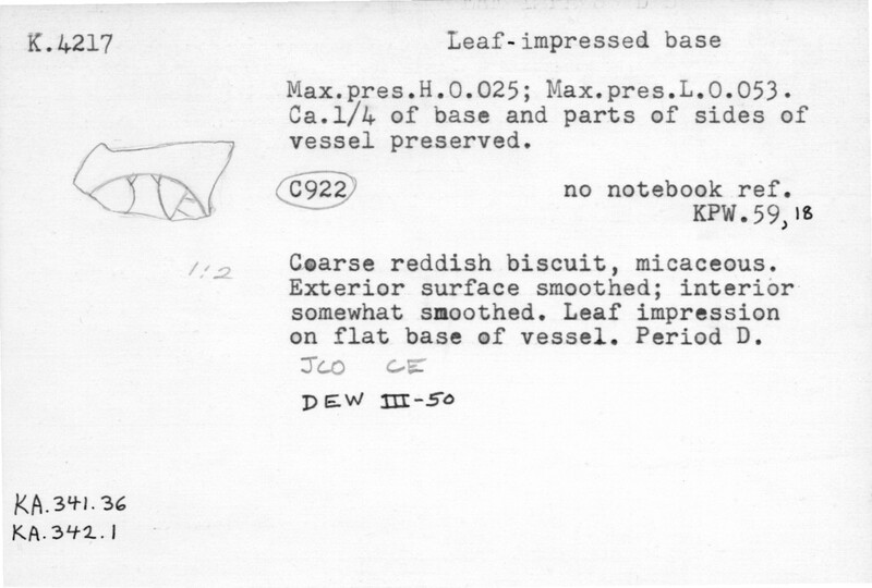 Index card with typed and handwritten information, sometimes including a sketch, of pottery from an excavation.