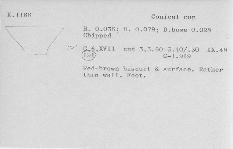 Index card with typed and handwritten information, sometimes including a sketch, of pottery from an excavation.