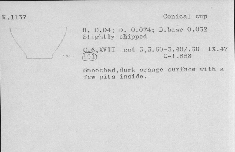 Index card with typed and handwritten information, sometimes including a sketch, of pottery from an excavation.