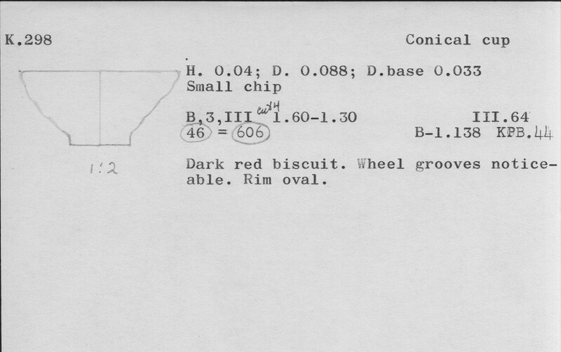 Index card with typed and handwritten information, sometimes including a sketch, of pottery from an excavation.