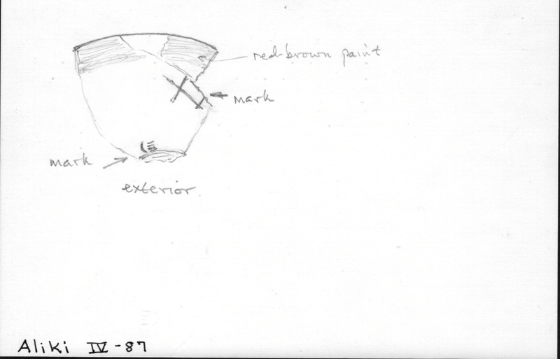 Index card with typed and handwritten information, sometimes including a sketch, of pottery from an excavation.