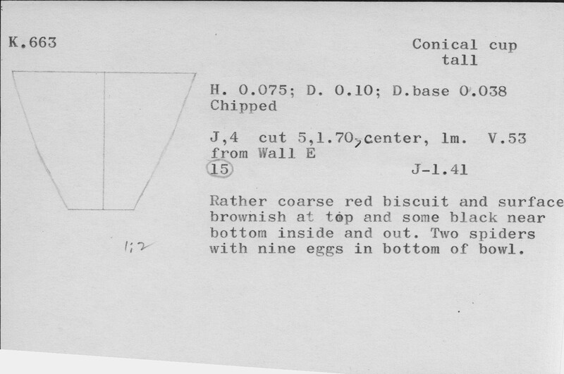 Index card with typed and handwritten information, sometimes including a sketch, of pottery from an excavation.