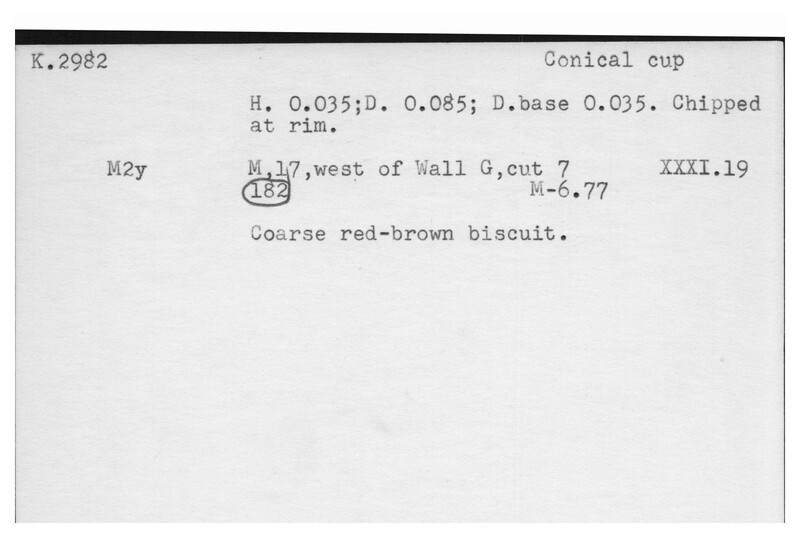 Index card with typed and handwritten information, sometimes including a sketch, of pottery from an excavation.