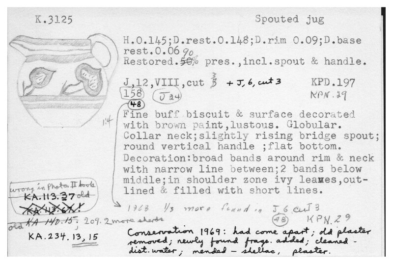 Index card with typed and handwritten information, sometimes including a sketch, of pottery from an excavation.