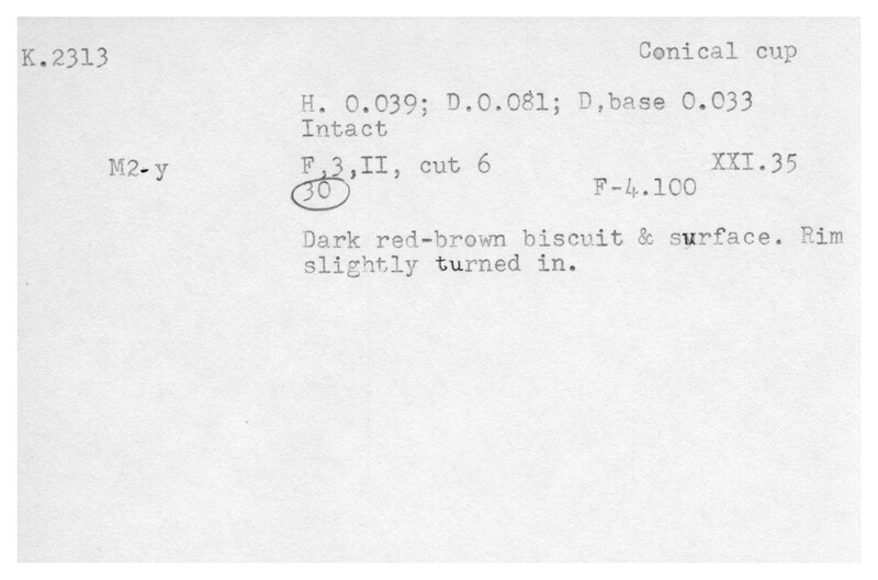 Index card with typed and handwritten information, sometimes including a sketch, of pottery from an excavation.