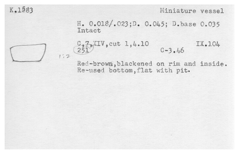 Index card with typed and handwritten information, sometimes including a sketch, of pottery from an excavation.