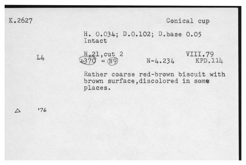 Index card with typed and handwritten information, sometimes including a sketch, of pottery from an excavation.