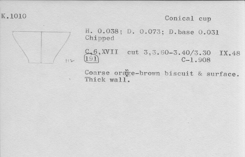 Index card with typed and handwritten information, sometimes including a sketch, of pottery from an excavation.