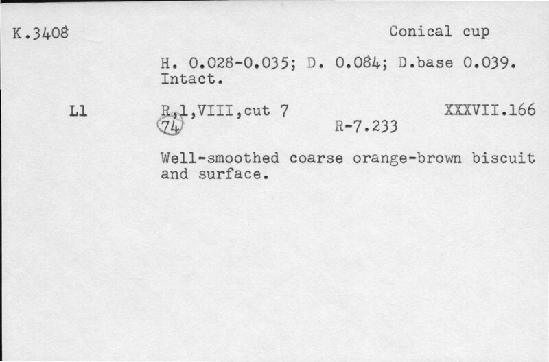 Index card with typed and handwritten information, sometimes including a sketch, of pottery from an excavation.