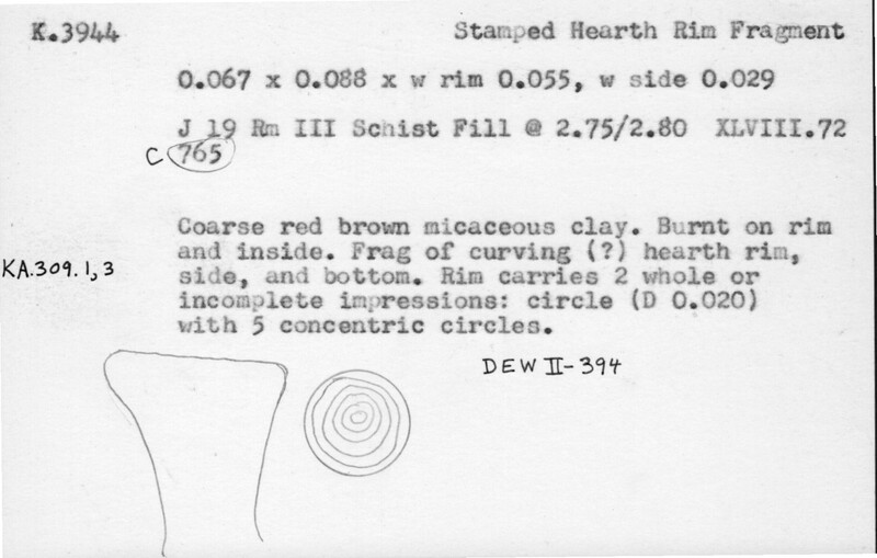 Index card with typed and handwritten information, sometimes including a sketch, of pottery from an excavation.