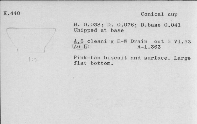 Index card with typed and handwritten information, sometimes including a sketch, of pottery from an excavation.