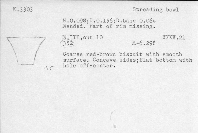 Index card with typed and handwritten information, sometimes including a sketch, of pottery from an excavation.