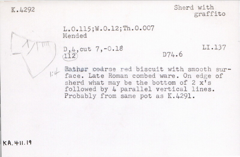 Index card with typed and handwritten information, sometimes including a sketch, of pottery from an excavation.