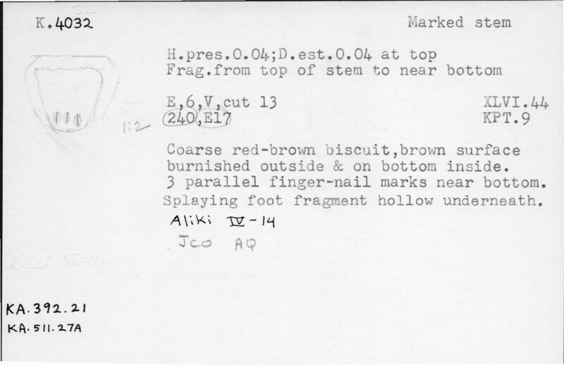 Index card with typed and handwritten information, sometimes including a sketch, of pottery from an excavation.