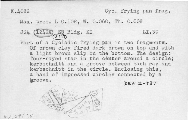 Index card with typed and handwritten information, sometimes including a sketch, of pottery from an excavation.