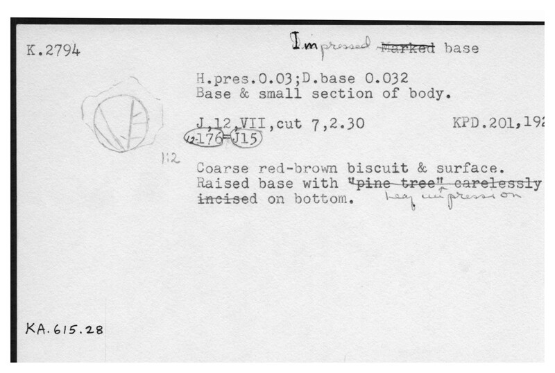 Index card with typed and handwritten information, sometimes including a sketch, of pottery from an excavation.