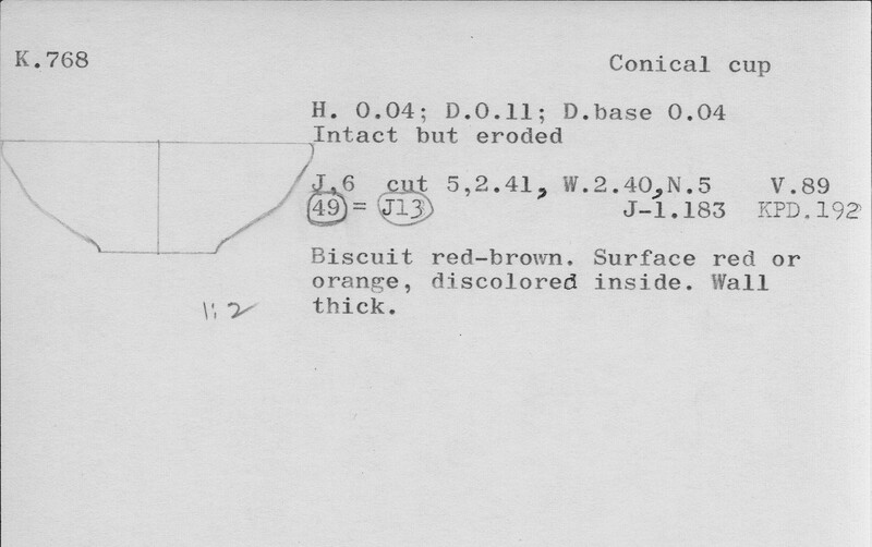 Index card with typed and handwritten information, sometimes including a sketch, of pottery from an excavation.