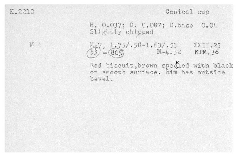 Index card with typed and handwritten information, sometimes including a sketch, of pottery from an excavation.
