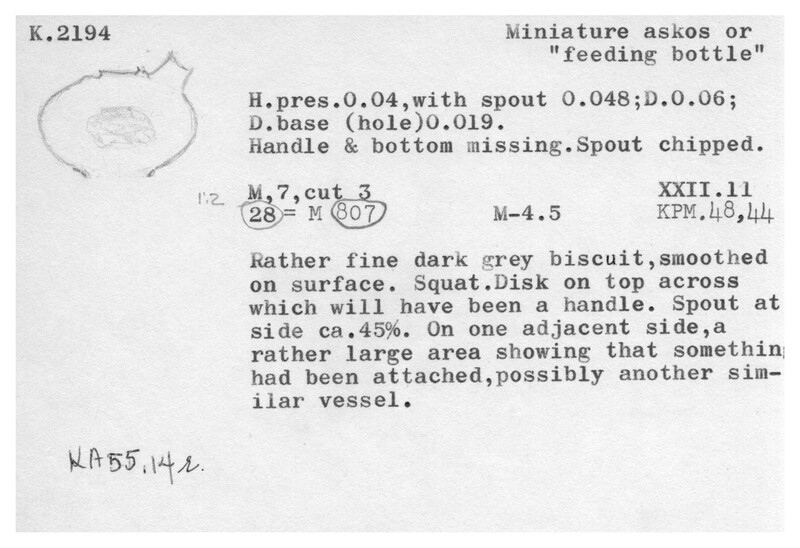 Index card with typed and handwritten information, sometimes including a sketch, of pottery from an excavation.