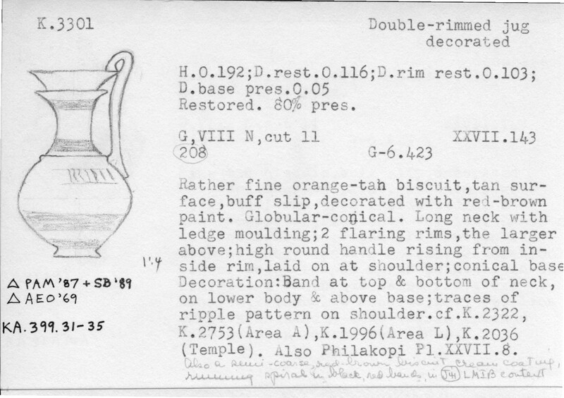 Index card with typed and handwritten information, sometimes including a sketch, of pottery from an excavation.
