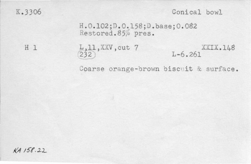 Index card with typed and handwritten information, sometimes including a sketch, of pottery from an excavation.