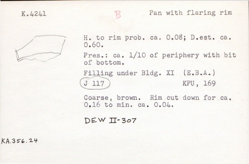 Index card with typed and handwritten information, sometimes including a sketch, of pottery from an excavation.
