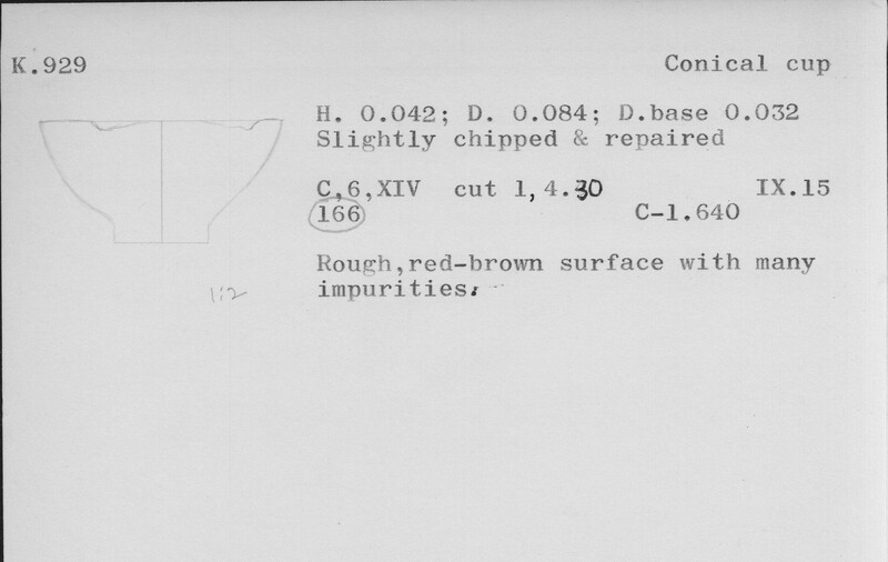 Index card with typed and handwritten information, sometimes including a sketch, of pottery from an excavation.