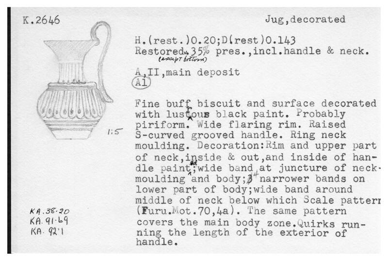 Index card with typed and handwritten information, sometimes including a sketch, of pottery from an excavation.
