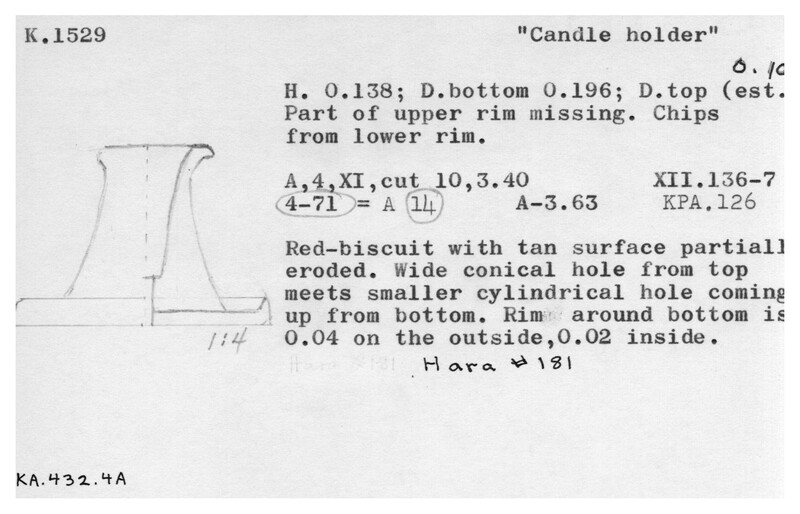 Index card with typed and handwritten information, sometimes including a sketch, of pottery from an excavation.