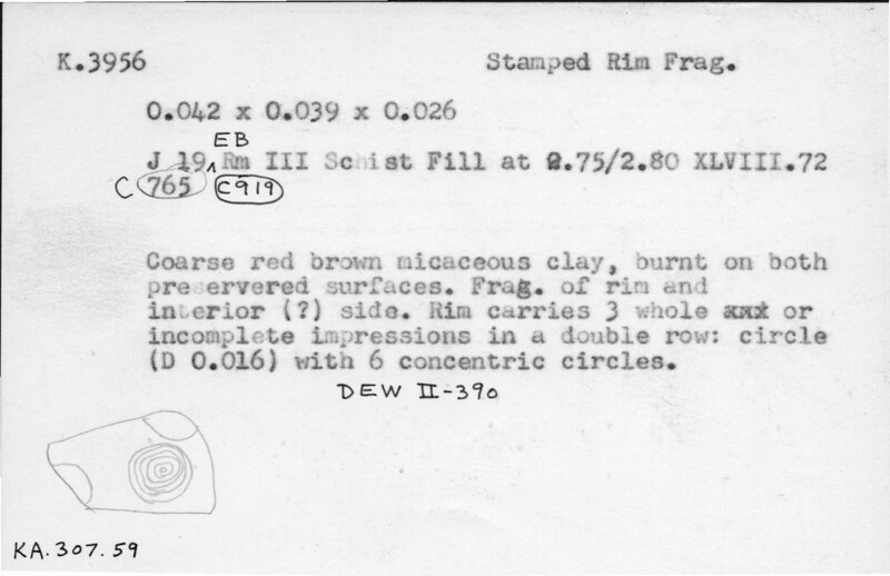 Index card with typed and handwritten information, sometimes including a sketch, of pottery from an excavation.