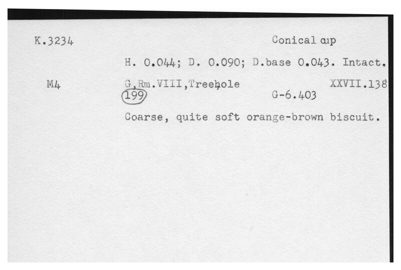 Index card with typed and handwritten information, sometimes including a sketch, of pottery from an excavation.