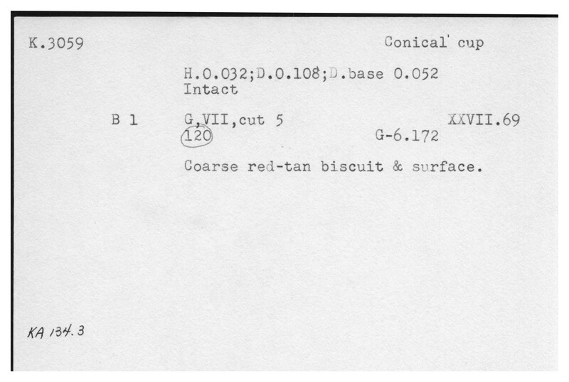 Index card with typed and handwritten information, sometimes including a sketch, of pottery from an excavation.