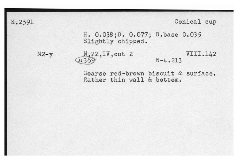 Index card with typed and handwritten information, sometimes including a sketch, of pottery from an excavation.