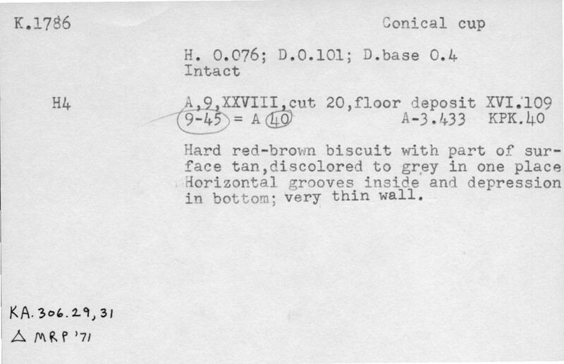 Index card with typed and handwritten information, sometimes including a sketch, of pottery from an excavation.