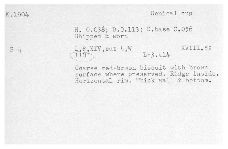 Index card with typed and handwritten information, sometimes including a sketch, of pottery from an excavation.