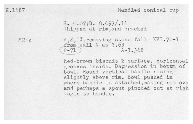 Index card with typed and handwritten information, sometimes including a sketch, of pottery from an excavation.