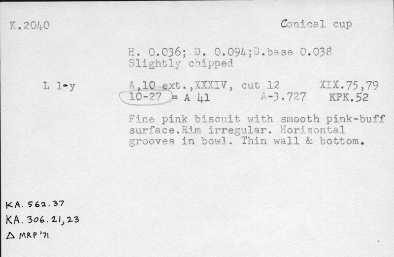 Index card with typed and handwritten information, sometimes including a sketch, of pottery from an excavation.