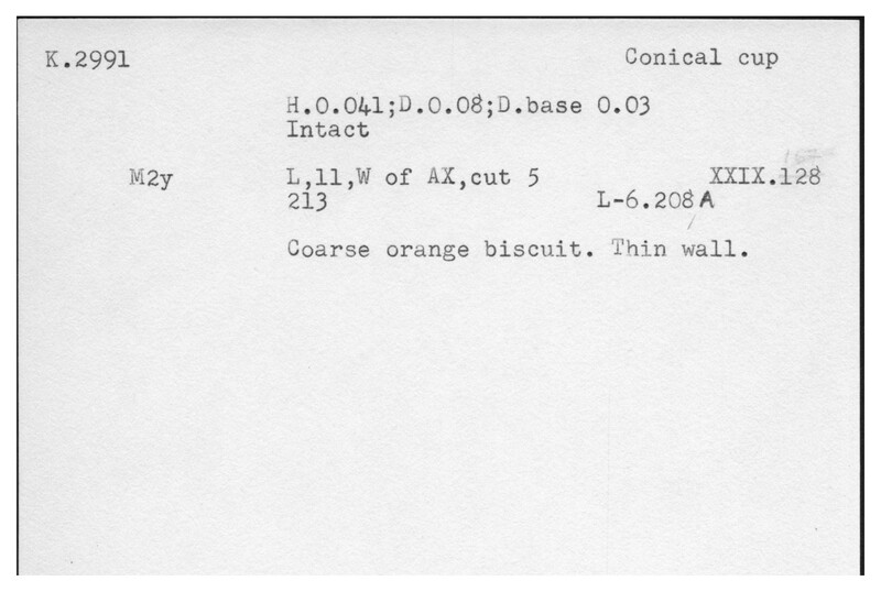 Index card with typed and handwritten information, sometimes including a sketch, of pottery from an excavation.