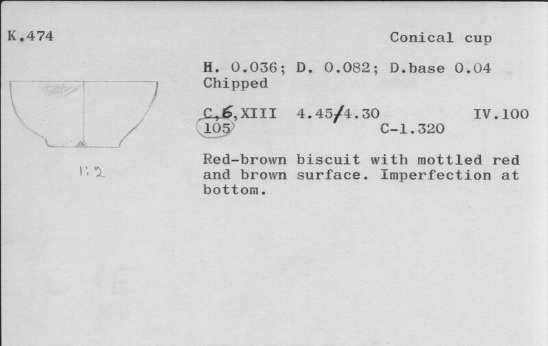 Index card with typed and handwritten information, sometimes including a sketch, of pottery from an excavation.
