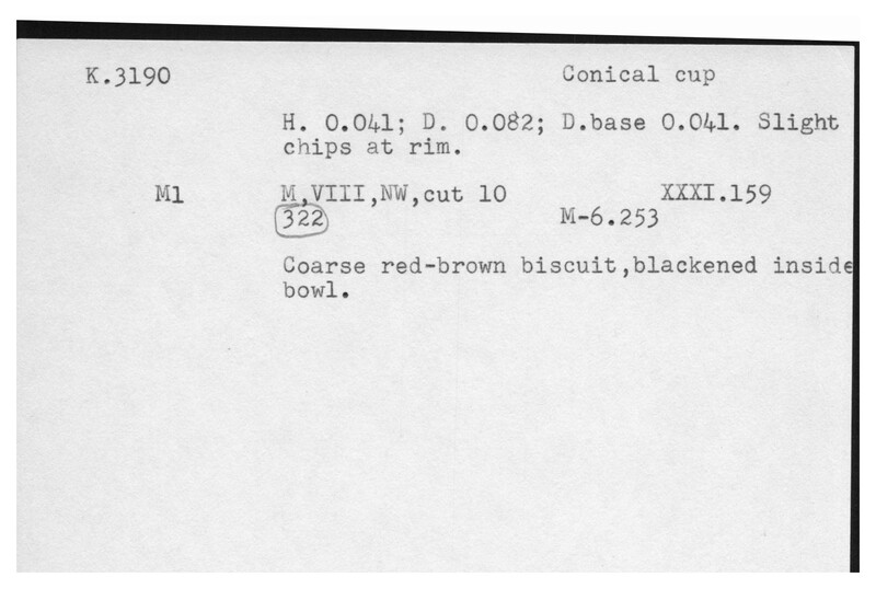 Index card with typed and handwritten information, sometimes including a sketch, of pottery from an excavation.